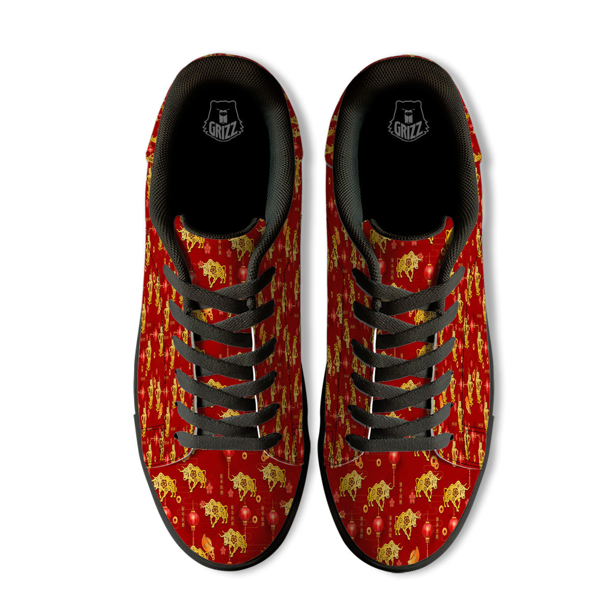 Ox And Chinese New Year Print Pattern Black Low Top Sneakers-grizzshop