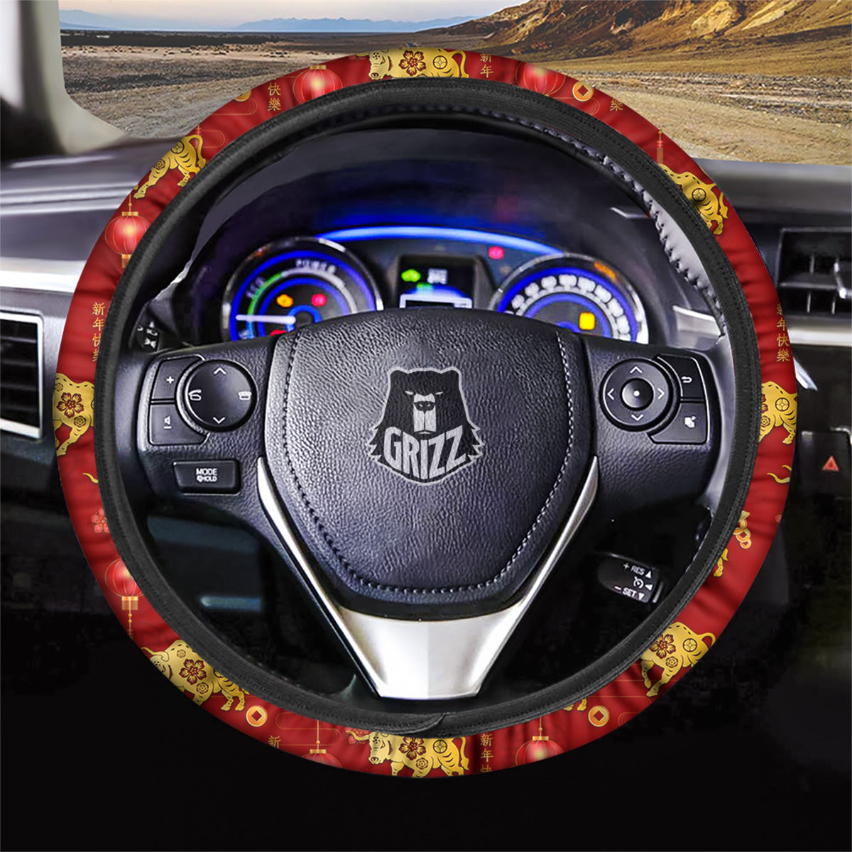 Ox And Chinese New Year Print Pattern Car Steering Wheel Cover-grizzshop