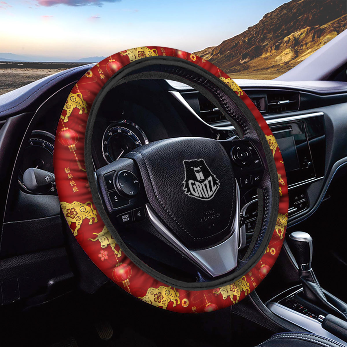 Ox And Chinese New Year Print Pattern Car Steering Wheel Cover-grizzshop