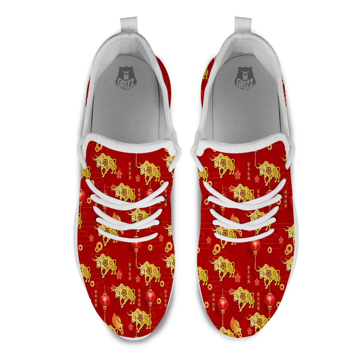 Ox And Chinese New Year Print Pattern White Athletic Shoes-grizzshop