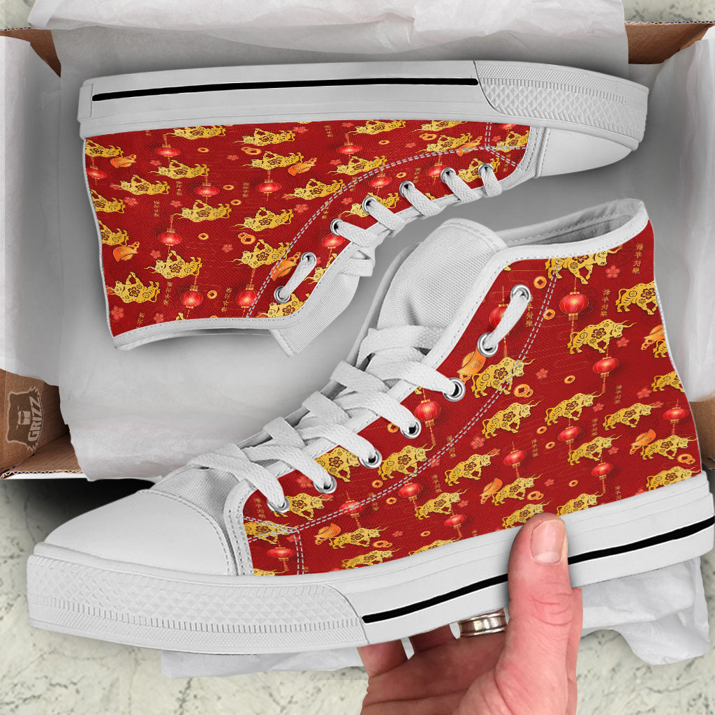 Ox And Chinese New Year Print Pattern White High Top Shoes-grizzshop