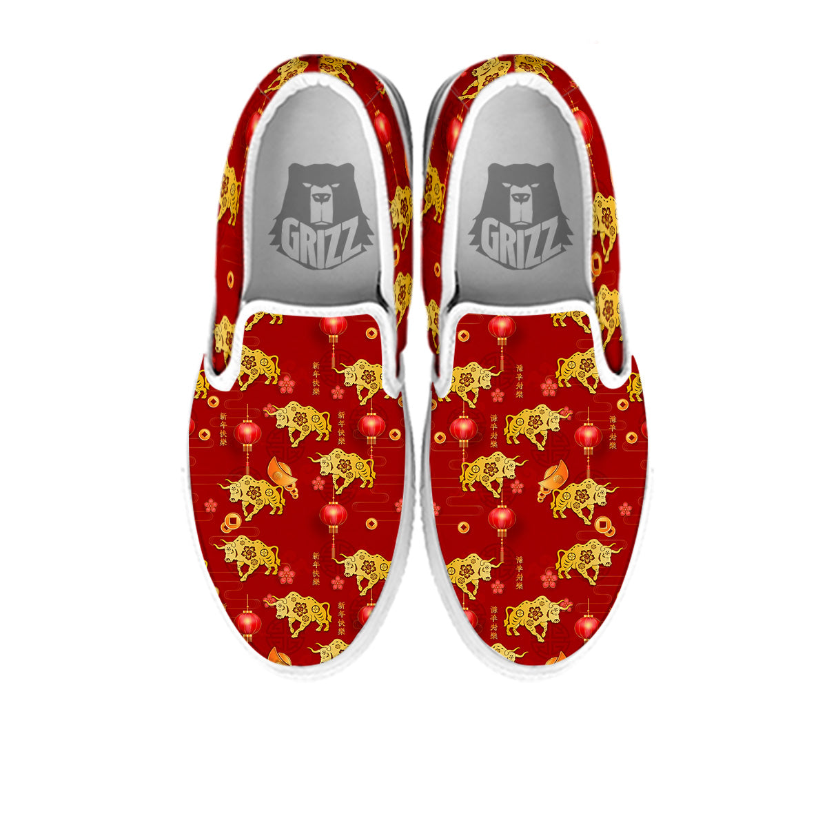 Ox And Chinese New Year Print Pattern White Slip On Shoes-grizzshop