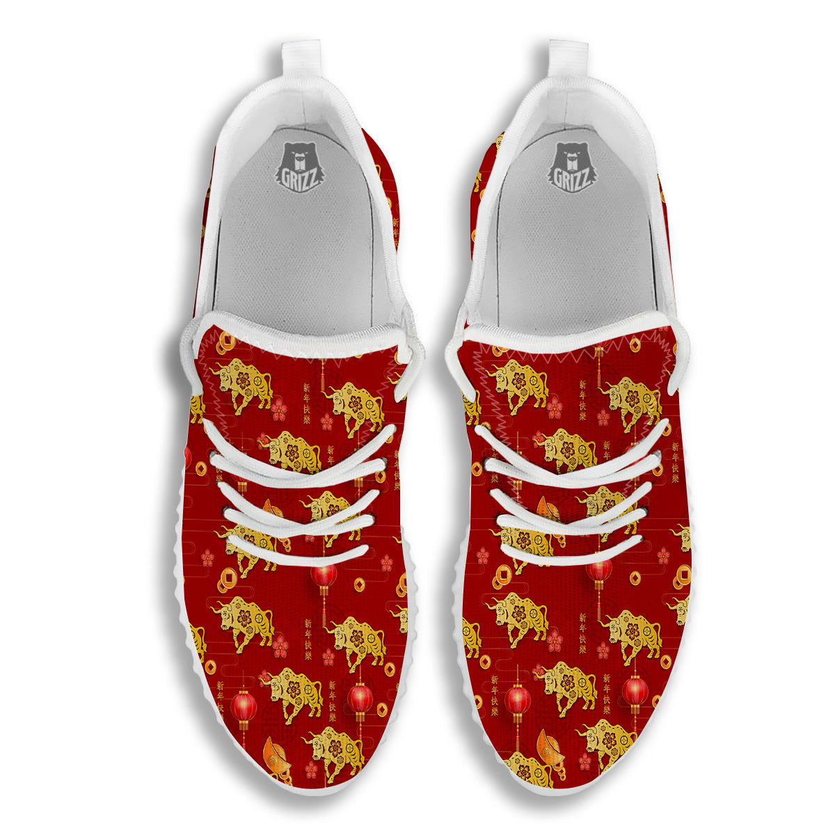 Ox And Chinese New Year Print Pattern White Walking Shoes-grizzshop