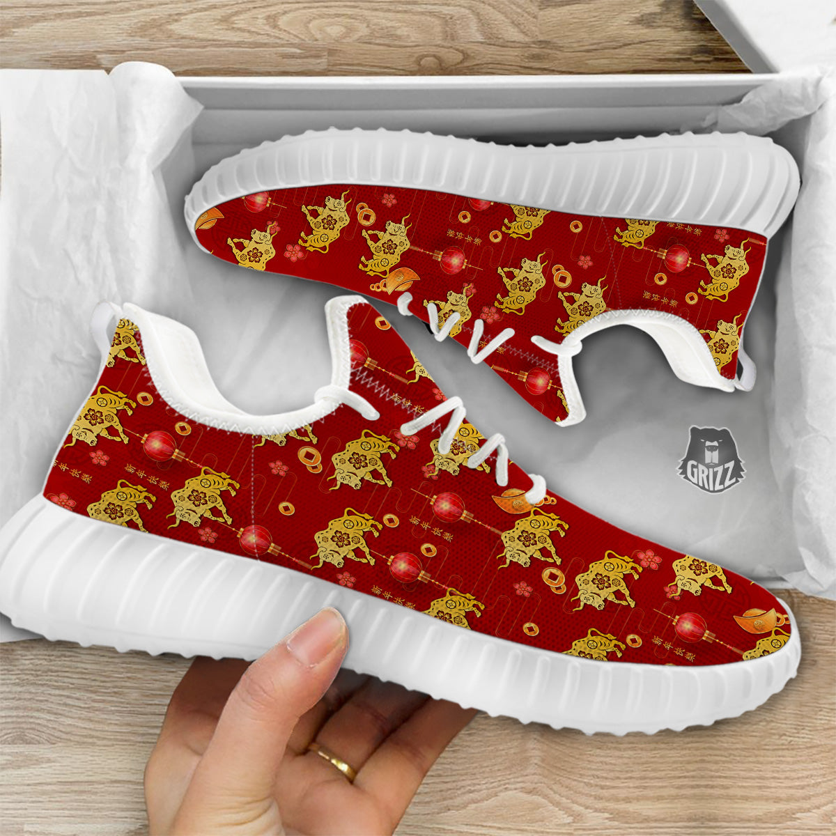 Ox And Chinese New Year Print Pattern White Walking Shoes-grizzshop