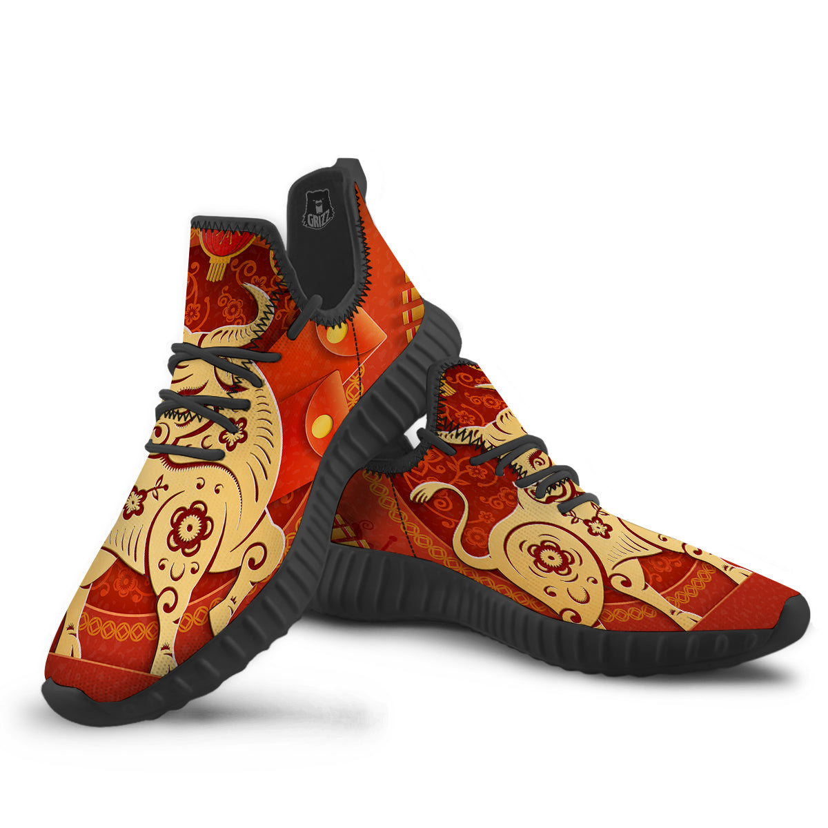 Ox Sign Chinese Horoscope Print Black Walking Shoes-grizzshop