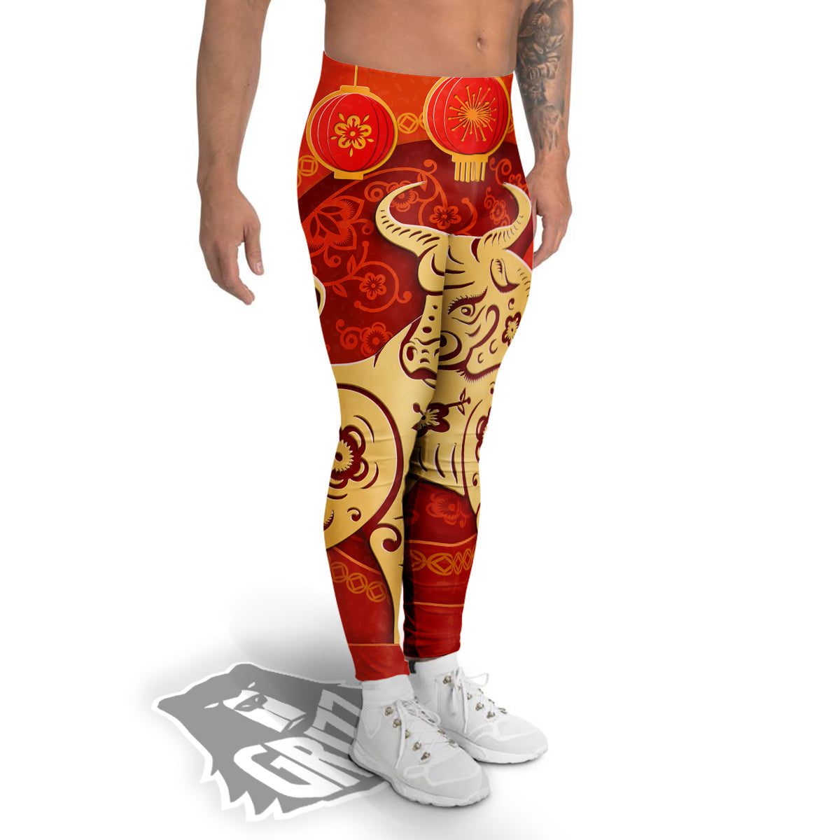 Ox Sign Chinese Horoscope Print Men's Leggings-grizzshop