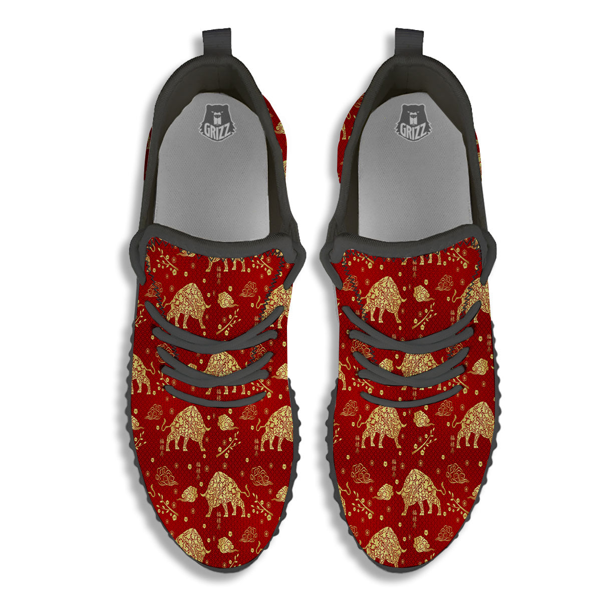 Ox Zodiac Chinese Flower Print Black Walking Shoes-grizzshop