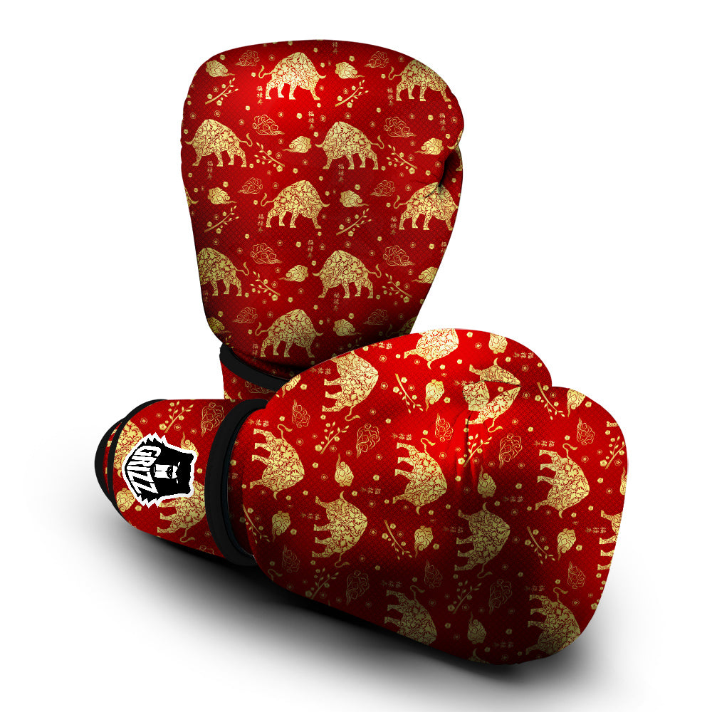 Ox Zodiac Chinese Flower Print Boxing Gloves-grizzshop