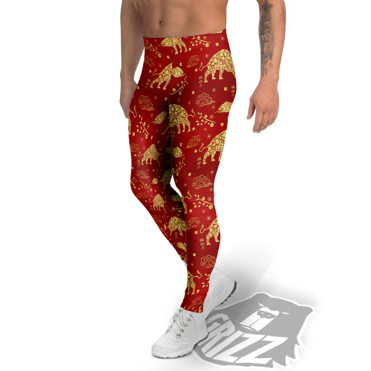 Ox Zodiac Chinese Flower Print Men's Leggings-grizzshop