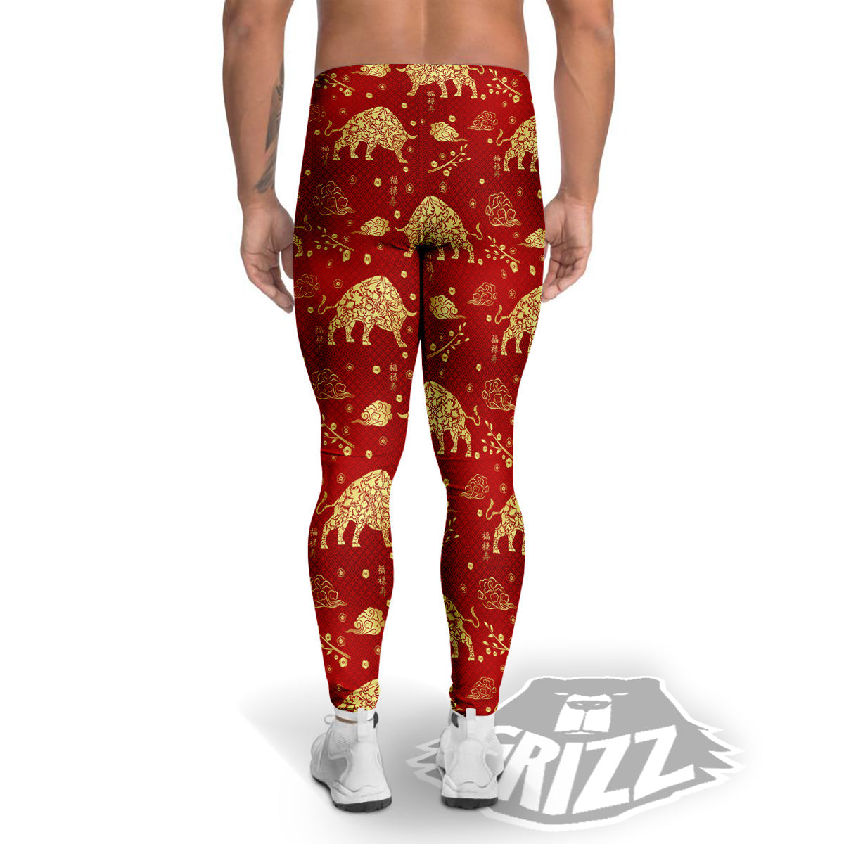 Ox Zodiac Chinese Flower Print Men's Leggings-grizzshop