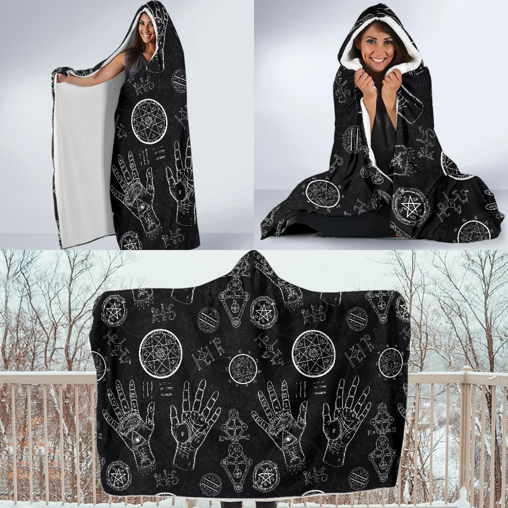 Pagan Wiccan Witch Pattern Print Hooded Blanket-grizzshop