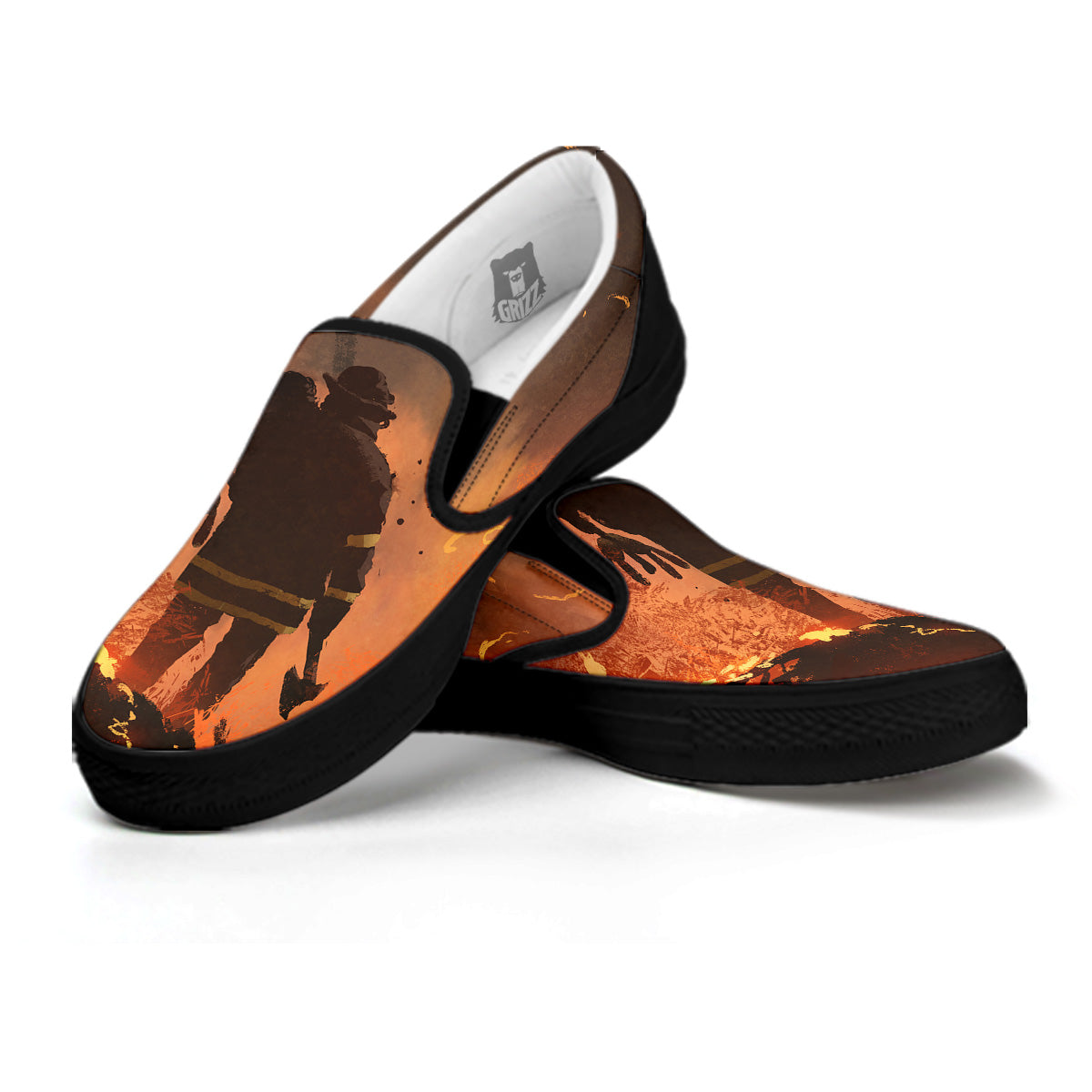 Painting Brave Firefighter Print Black Slip On Shoes-grizzshop