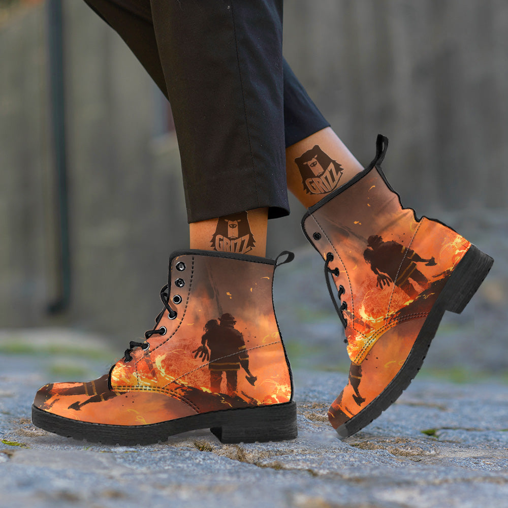 Painting Brave Firefighter Print Leather Boots-grizzshop