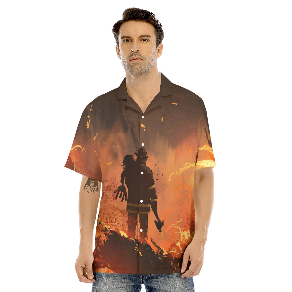Painting Brave Firefighter Print Men's Hawaiian Shirt-grizzshop