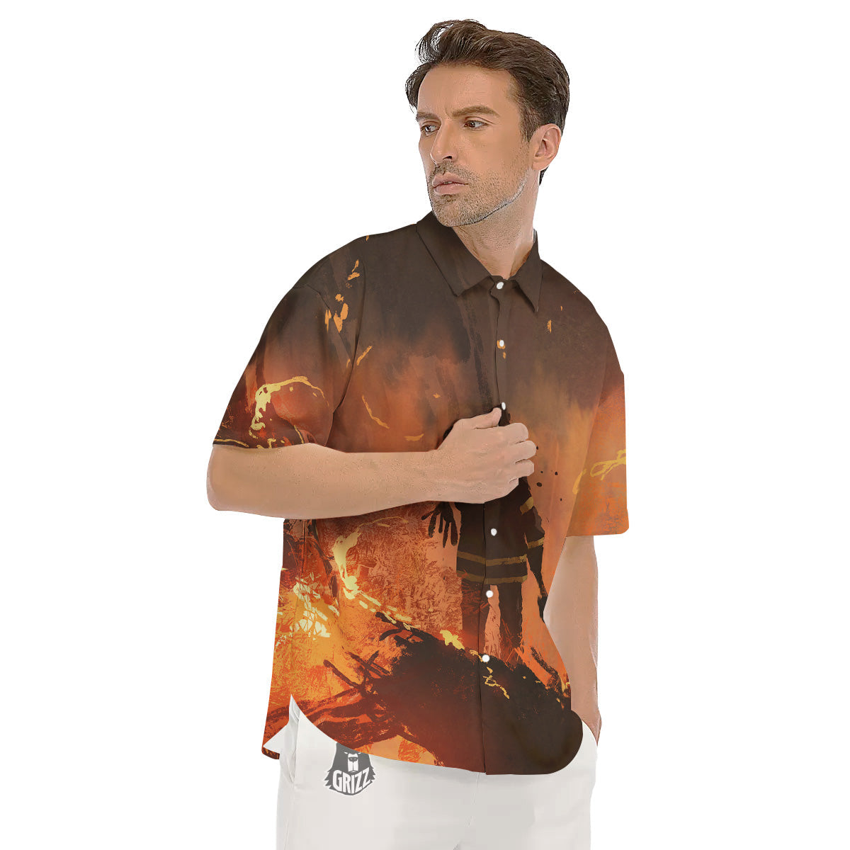Painting Brave Firefighter Print Men's Short Sleeve Shirts-grizzshop