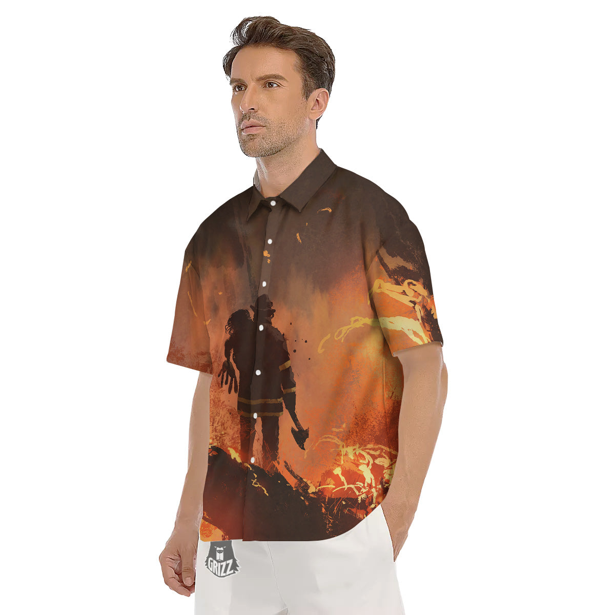 Painting Brave Firefighter Print Men's Short Sleeve Shirts-grizzshop
