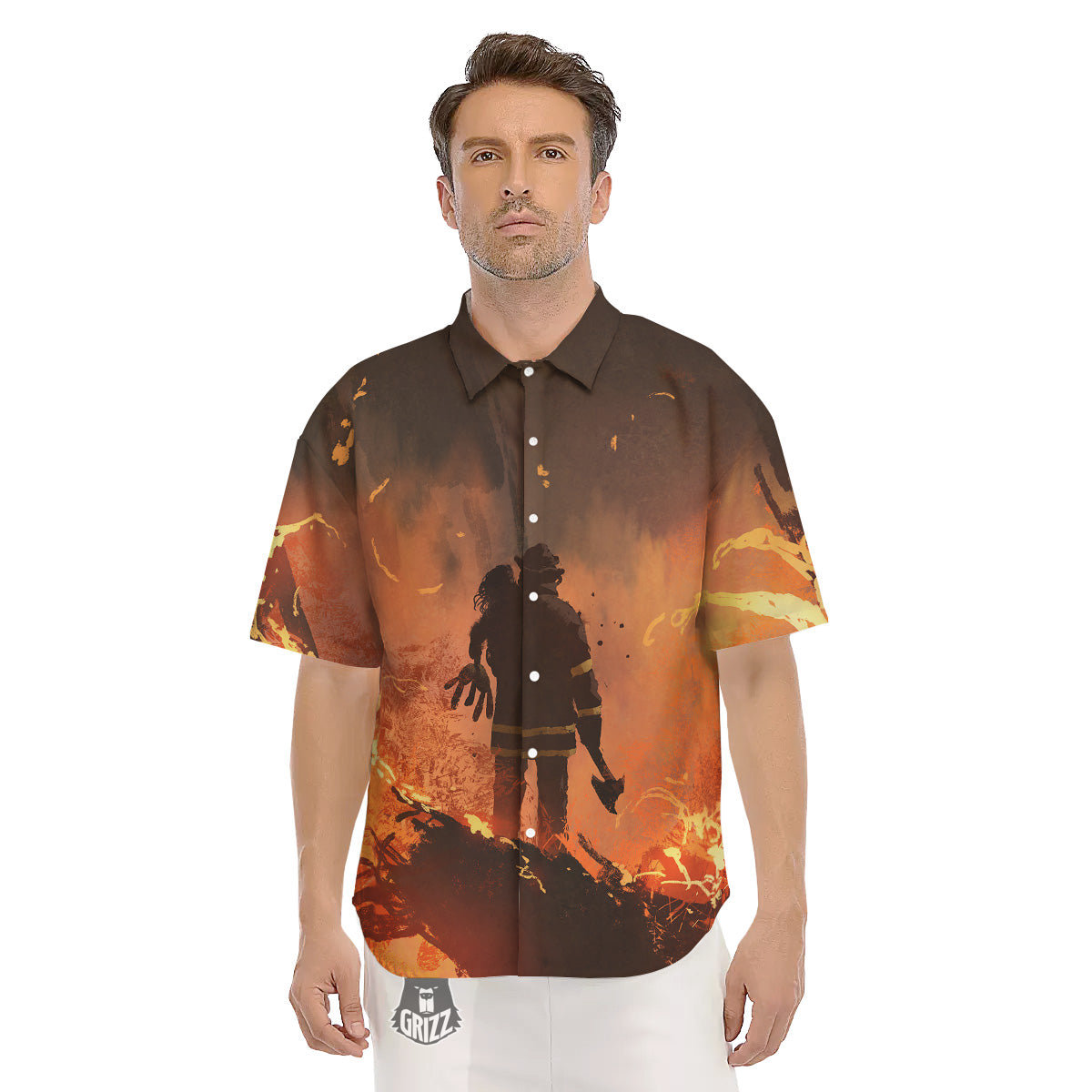 Painting Brave Firefighter Print Men's Short Sleeve Shirts-grizzshop