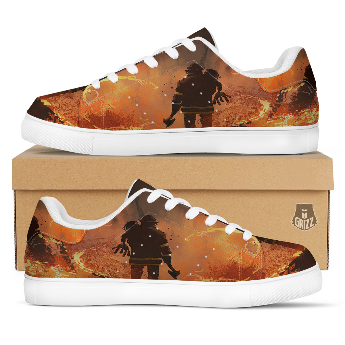 Painting Brave Firefighter Print White Low Top Sneakers-grizzshop