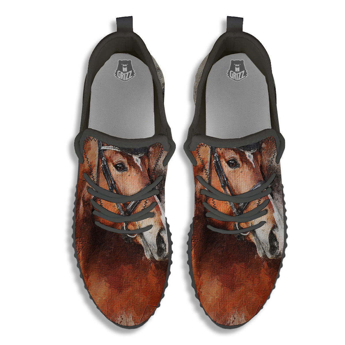 Painting Brown Horse Print Black Walking Shoes-grizzshop