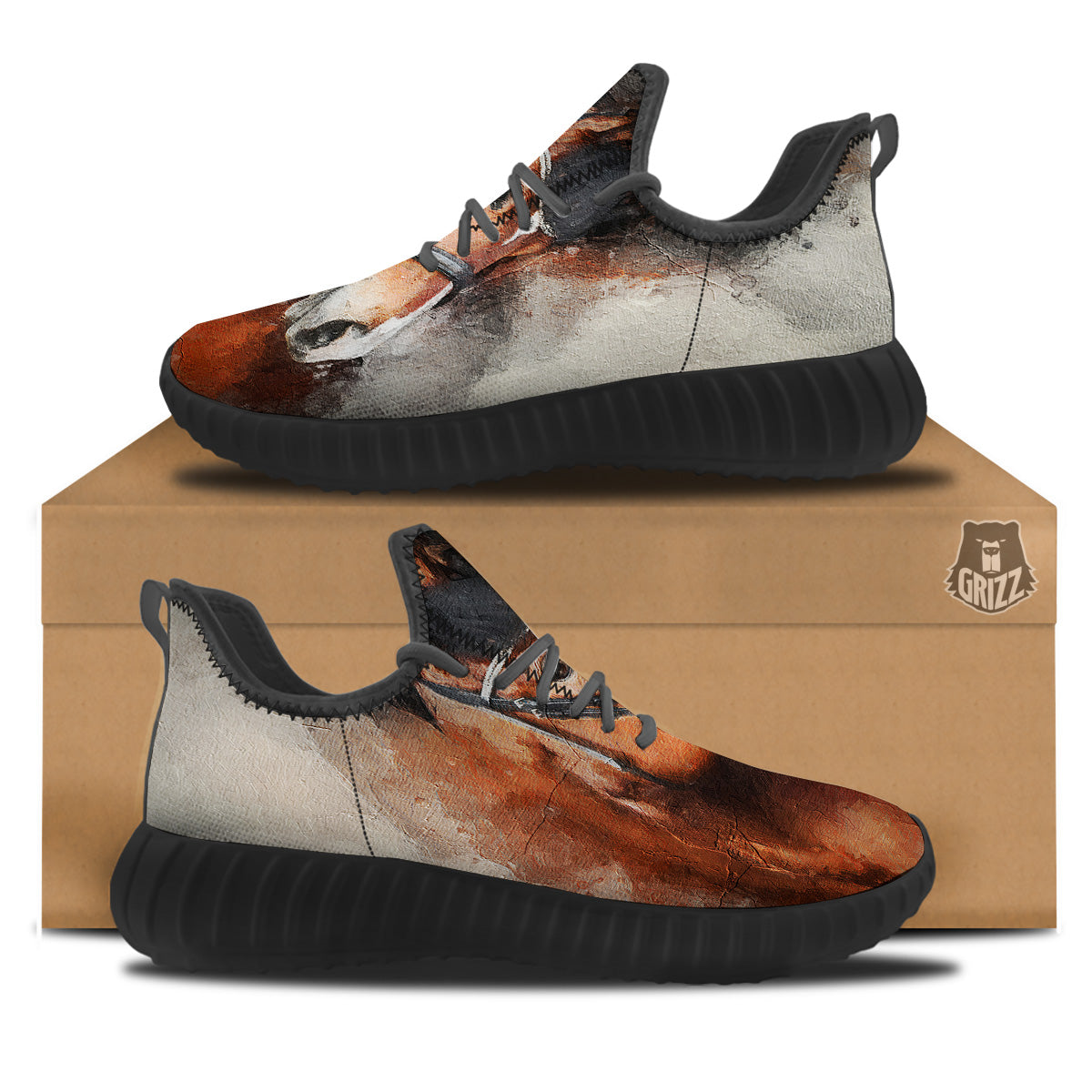 Painting Brown Horse Print Black Walking Shoes-grizzshop