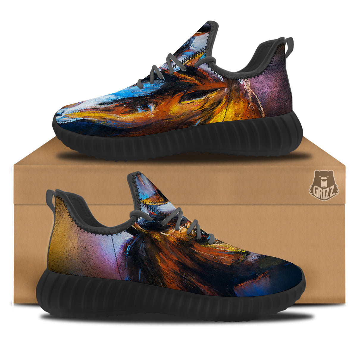 Painting Couple Horses Print Black Walking Shoes-grizzshop