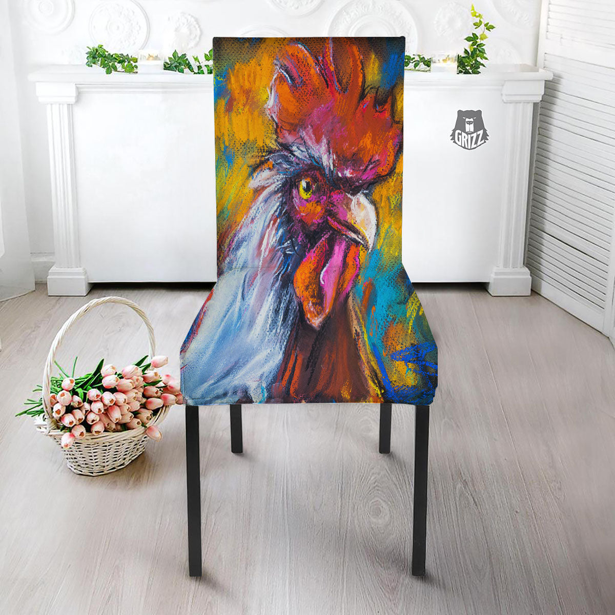 Painting Rooster Print Dining Chair Slipcover-grizzshop