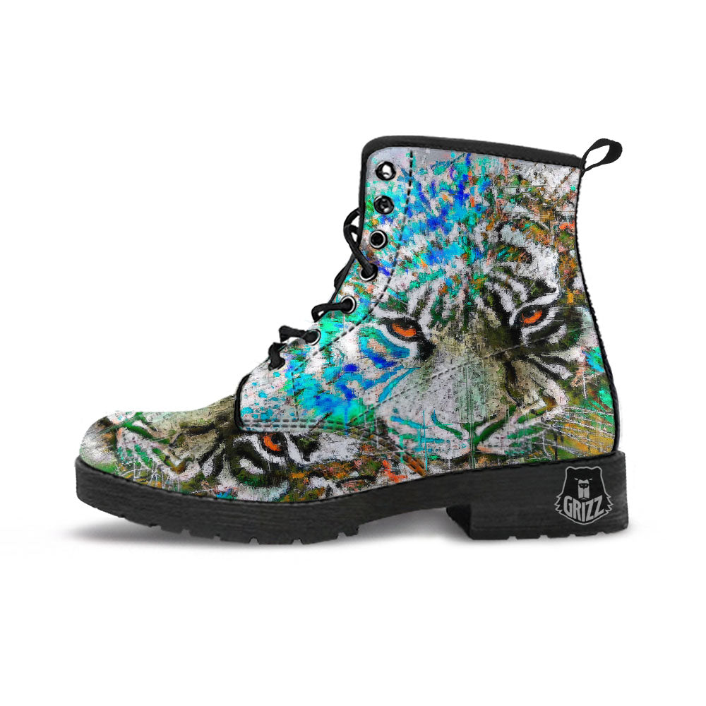 Painting White Tiger Print Leather Boots-grizzshop