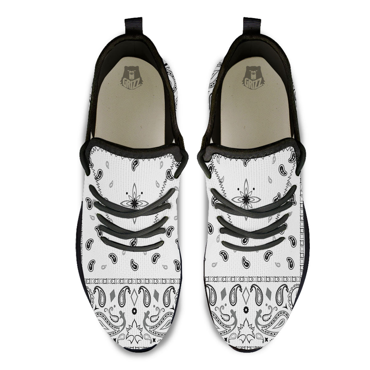 Paisley Bandana White And Black Print Black Athletic Shoes-grizzshop