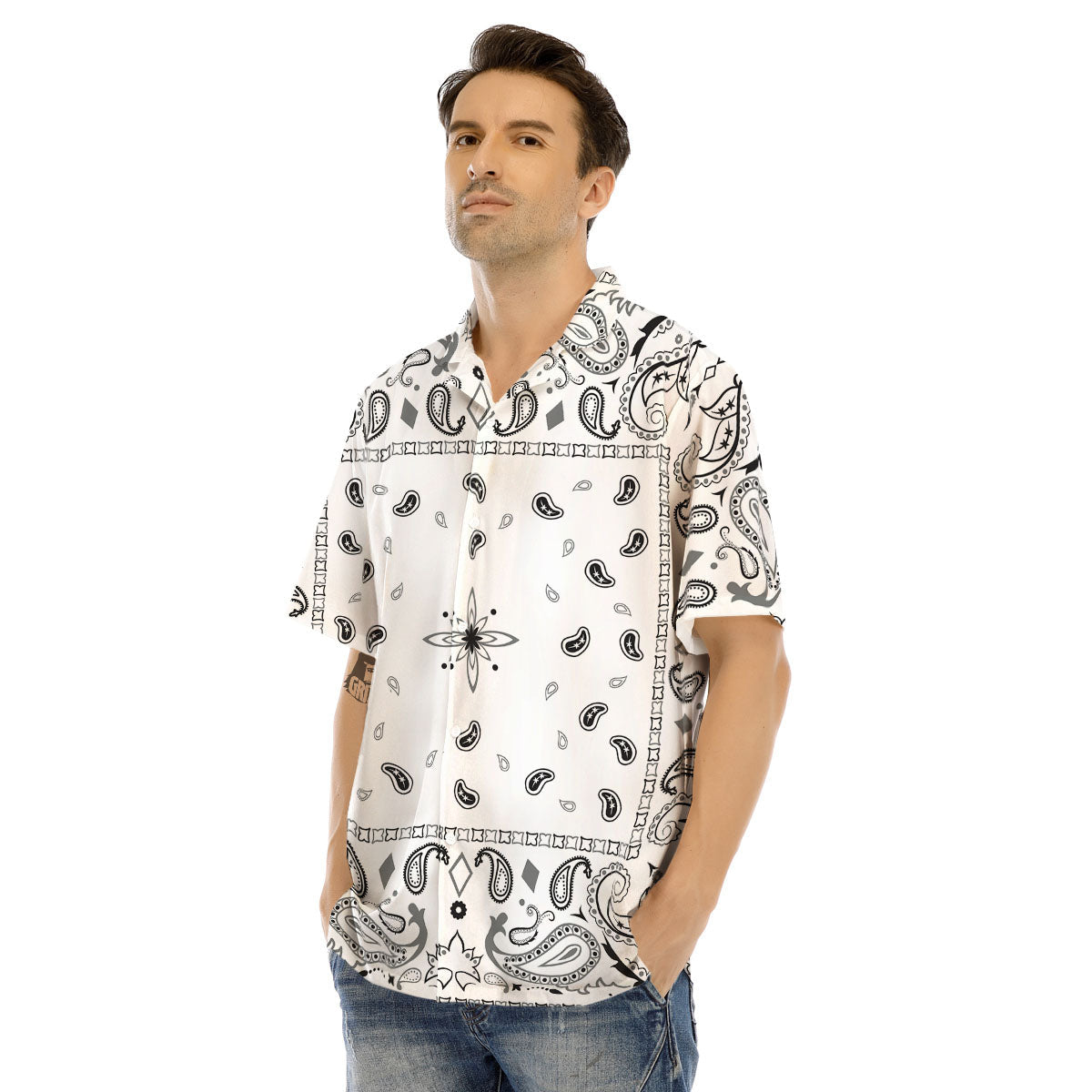 Paisley Bandana White And Black Print Men's Hawaiian Shirt-grizzshop