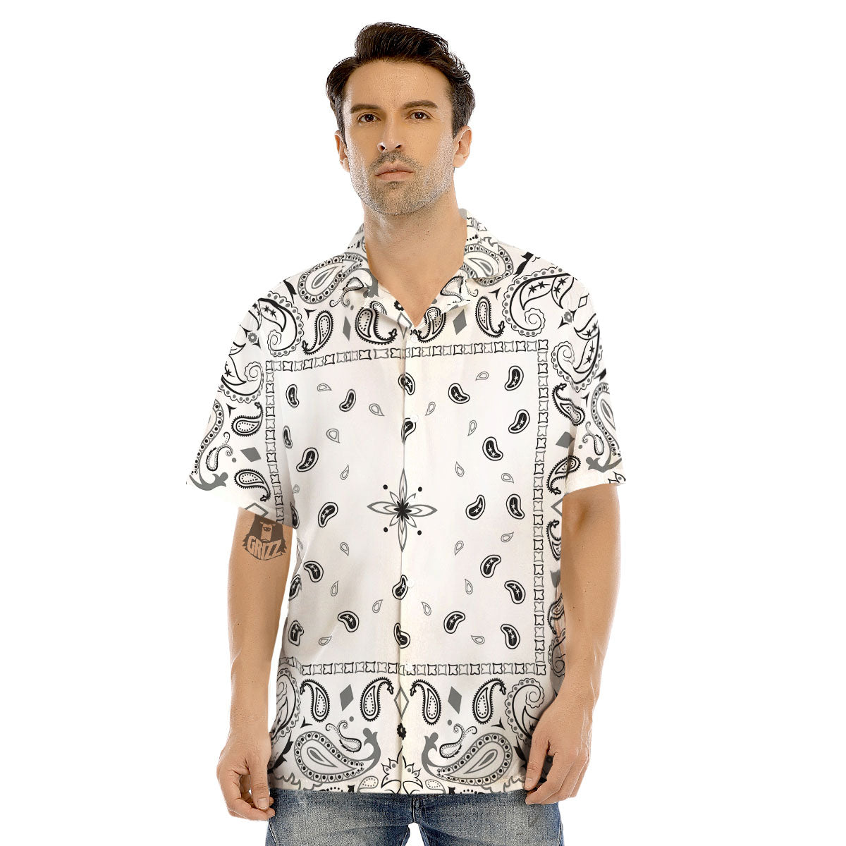 Paisley Bandana White And Black Print Men's Hawaiian Shirt-grizzshop