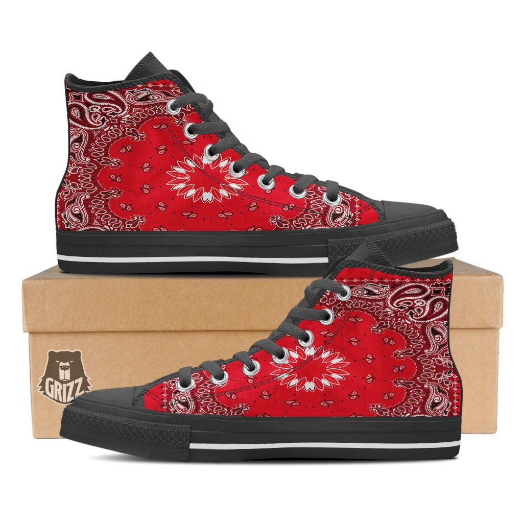 Paisley Bandana White And Red Print Black High Top Shoes-grizzshop