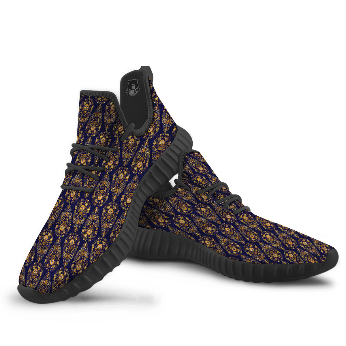 Paisley Blue And Gold Print Pattern Black Walking Shoes-grizzshop
