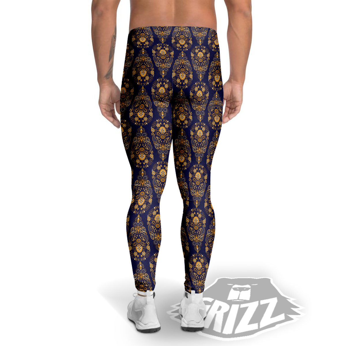 Paisley Blue And Gold Print Pattern Men's Leggings-grizzshop