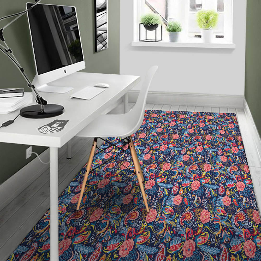Paisley Blue Print Pattern Floor Mat-grizzshop