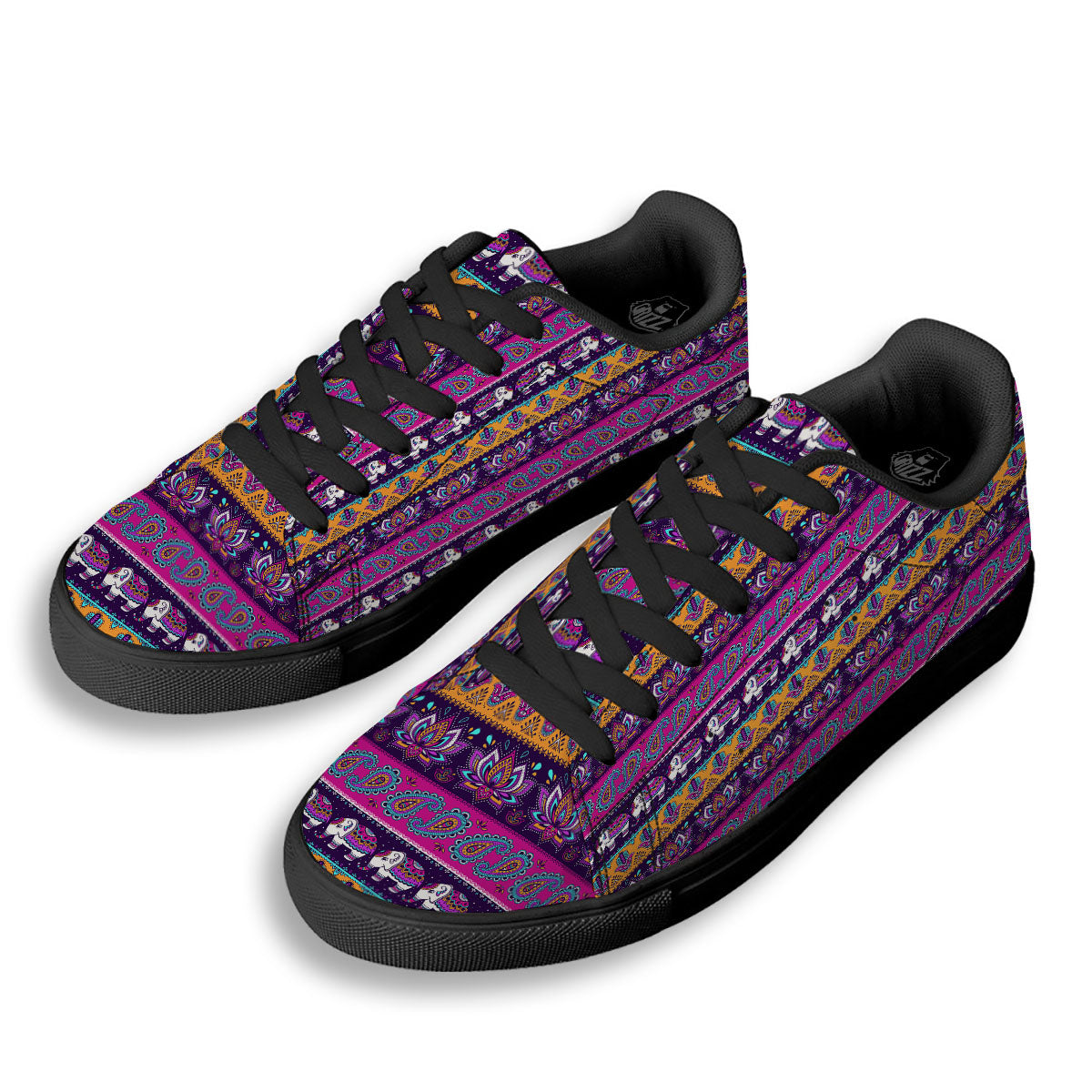 Paisley Elephant Hamsa Print Pattern Black Low Top Sneakers-grizzshop