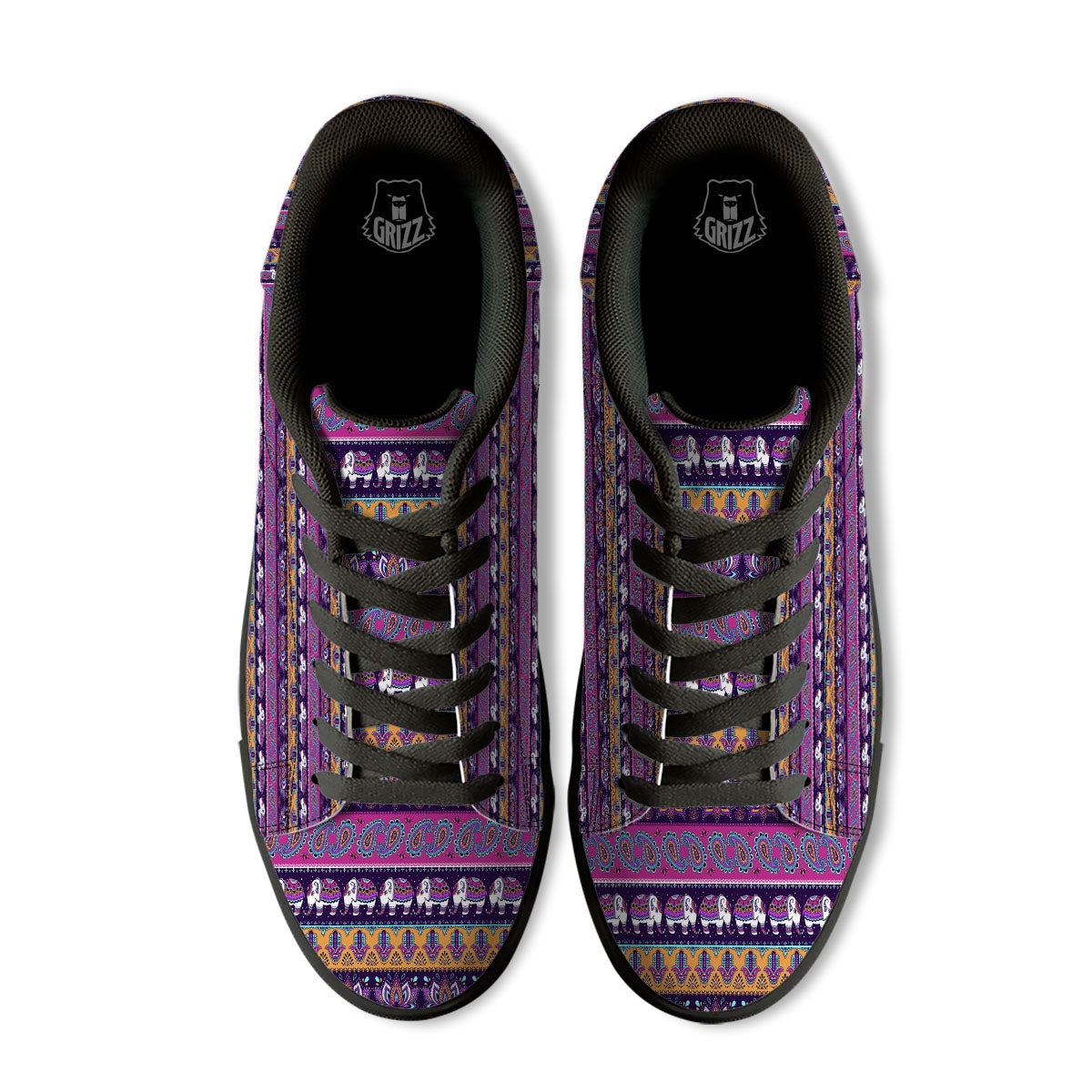 Paisley Elephant Hamsa Print Pattern Black Low Top Sneakers-grizzshop