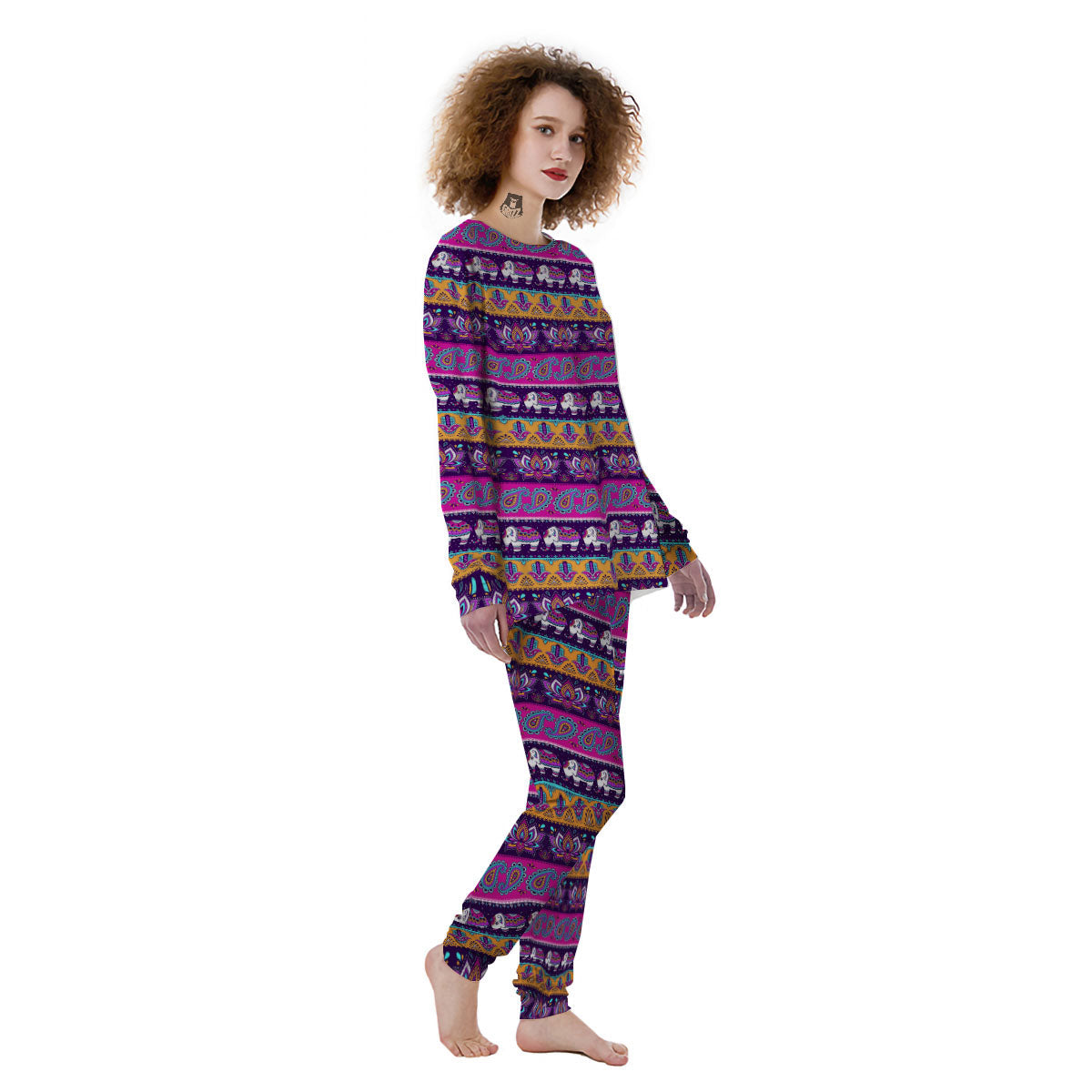 Paisley Elephant Hamsa Print Pattern Women's Pajamas-grizzshop
