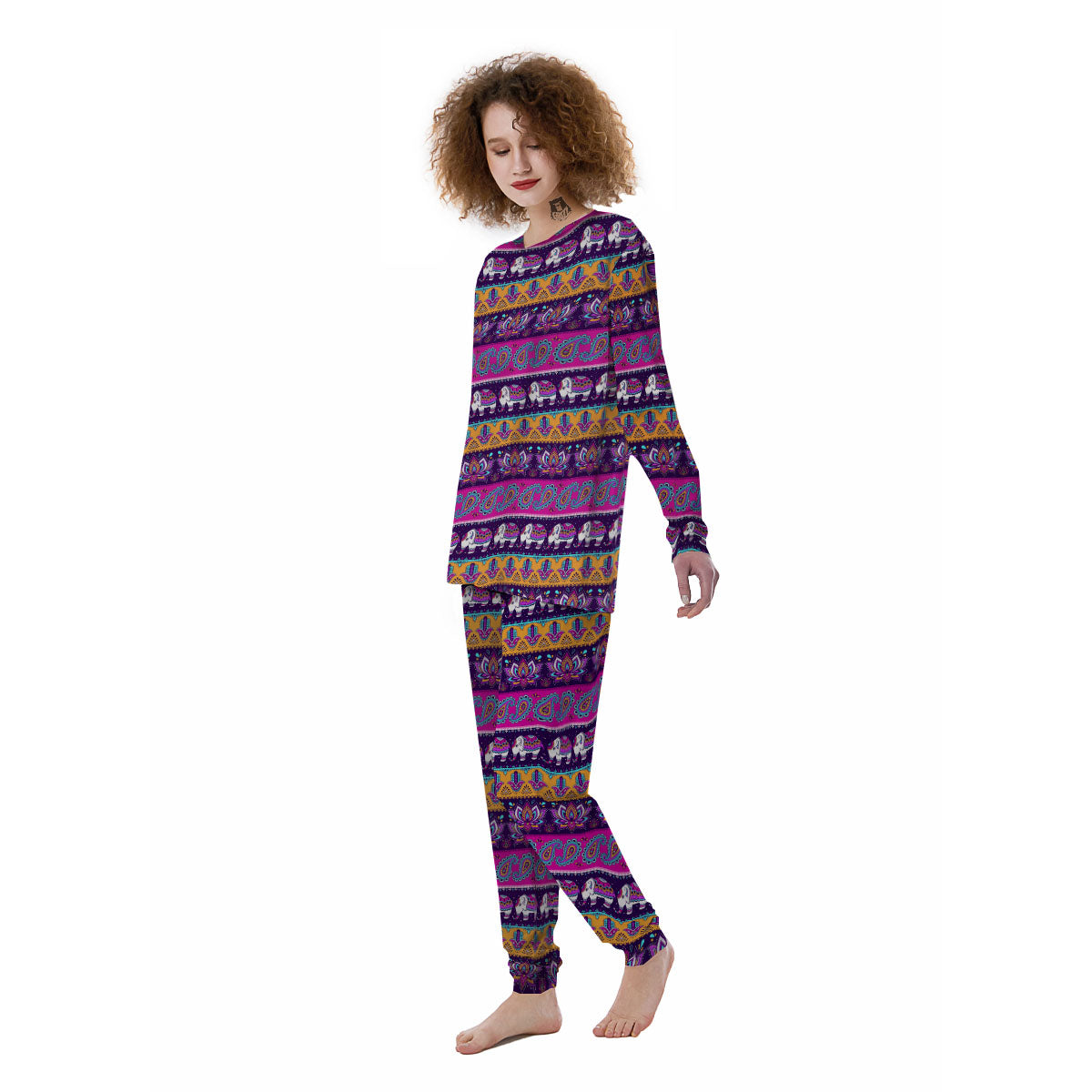 Paisley Elephant Hamsa Print Pattern Women's Pajamas-grizzshop