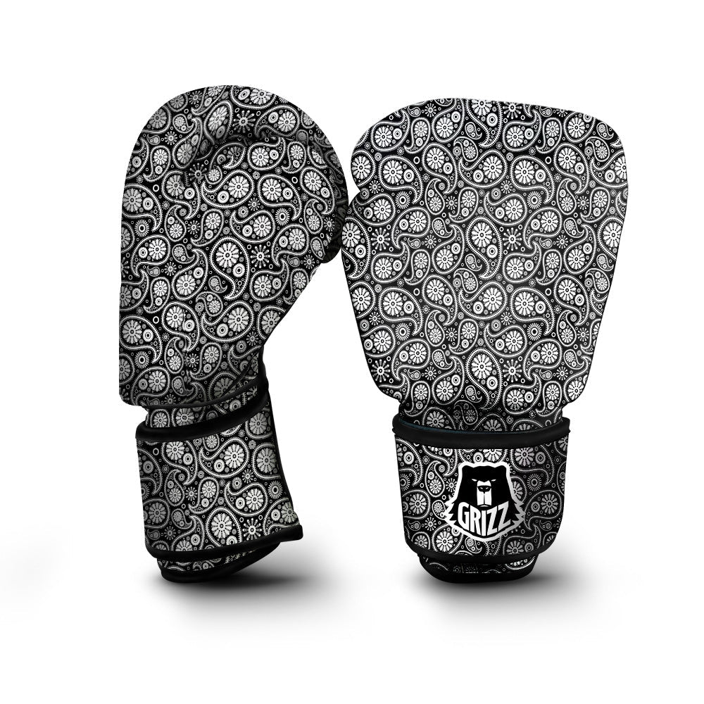 Paisley Ornament Black White And Flora Print Pattern Boxing Gloves-grizzshop