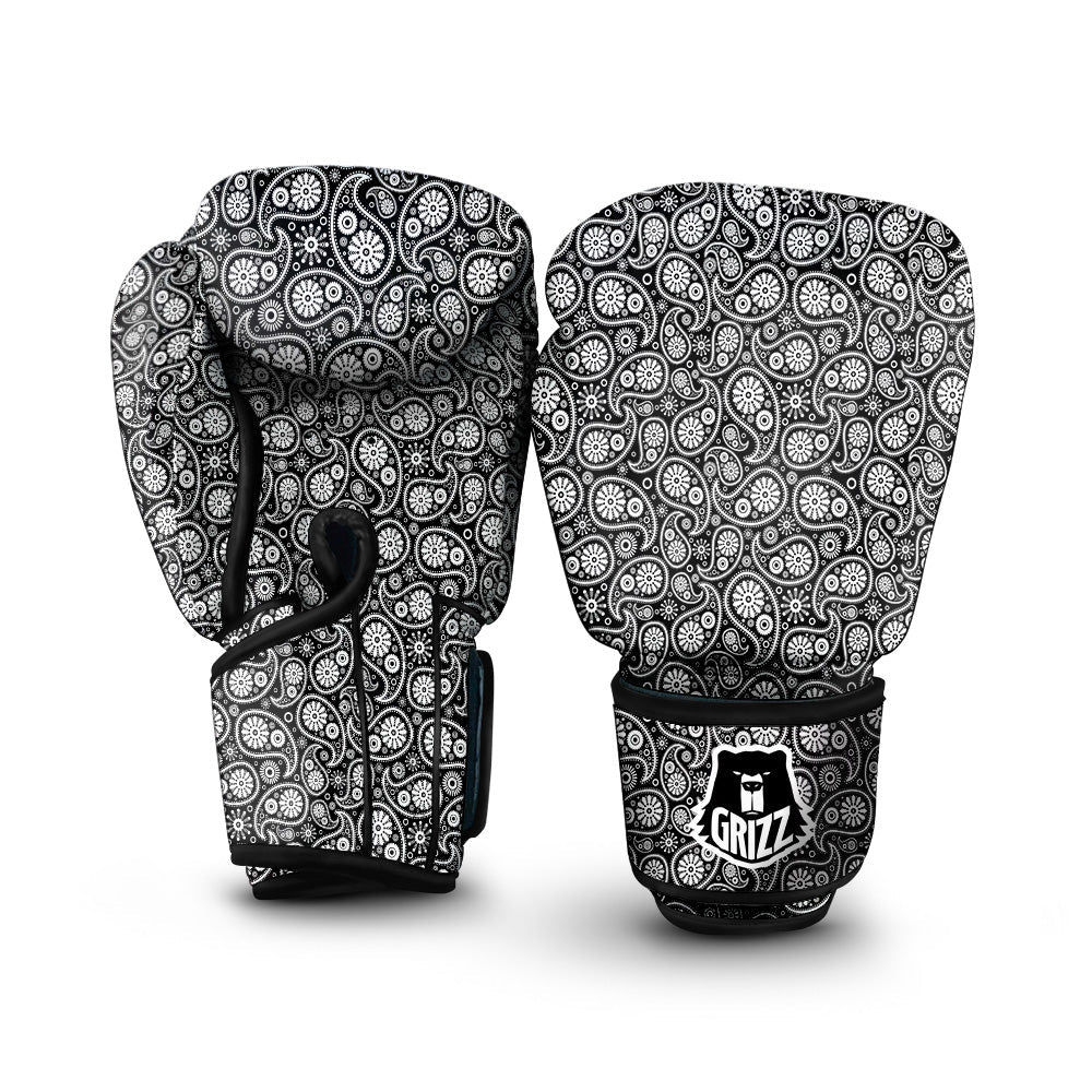 Paisley Ornament Black White And Flora Print Pattern Boxing Gloves-grizzshop