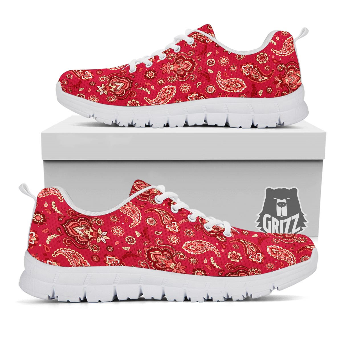 Paisley Red Print Pattern White Sneaker-grizzshop