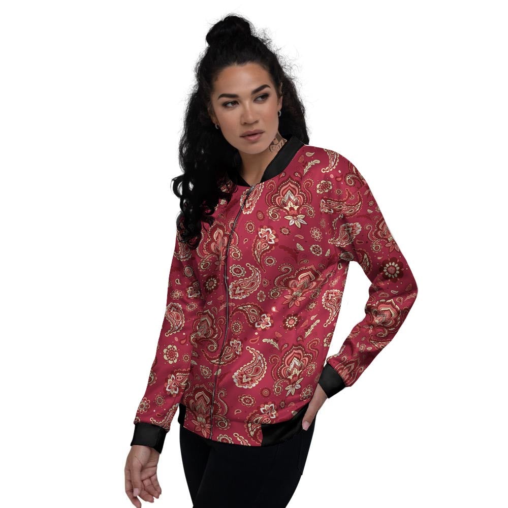 Paisley Red Print Pattern Women's Bomber Jacket-grizzshop
