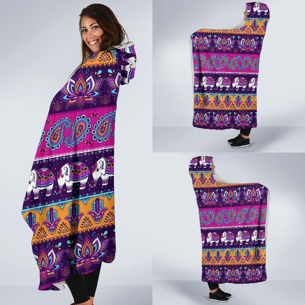 Paisleys Elephant Pattern Print Hooded Blanket-grizzshop