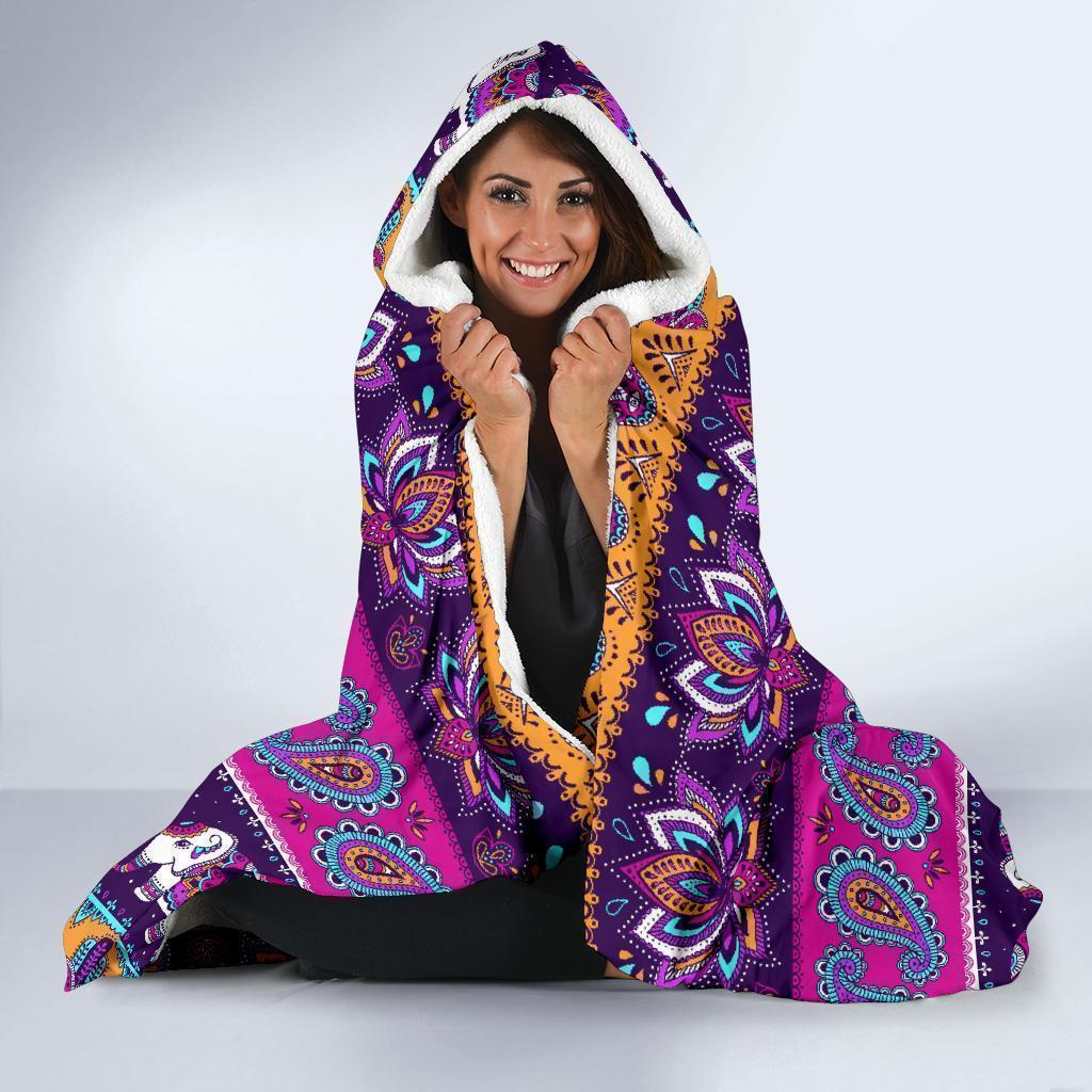 Paisleys Elephant Pattern Print Hooded Blanket-grizzshop