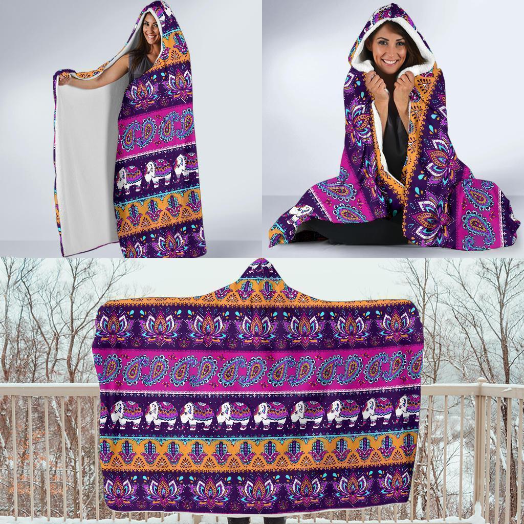 Paisleys Elephant Pattern Print Hooded Blanket-grizzshop