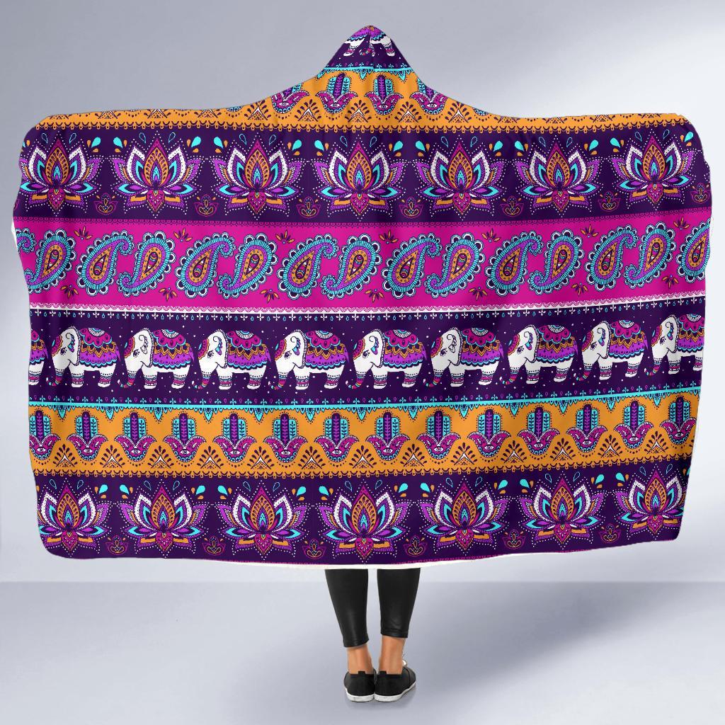 Paisleys Elephant Pattern Print Hooded Blanket-grizzshop