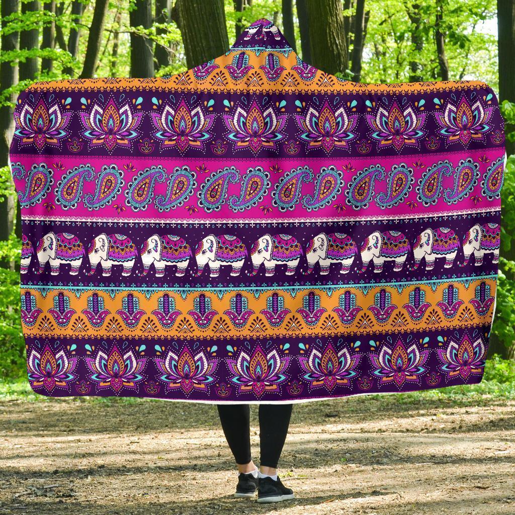 Paisleys Elephant Pattern Print Hooded Blanket-grizzshop