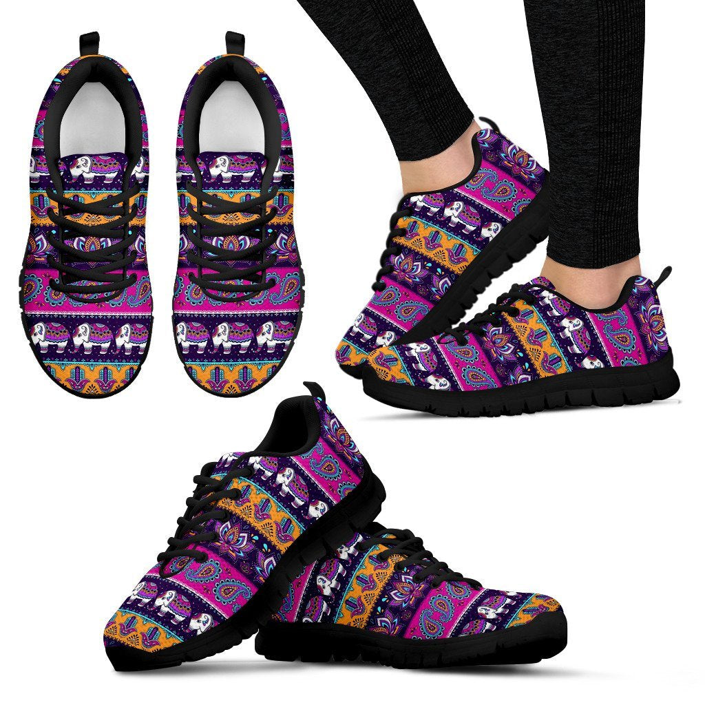 Paisleys Elephant Pattern Print Black Sneaker Shoes For Men Women-grizzshop
