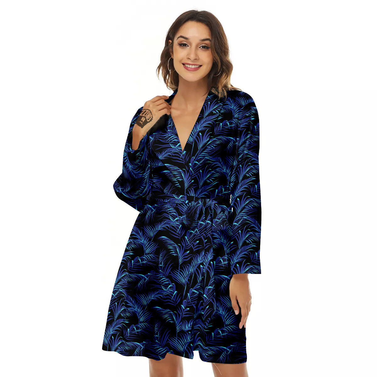 Palm Leaf Dark Tropical Print Pattern Women's Robe-grizzshop