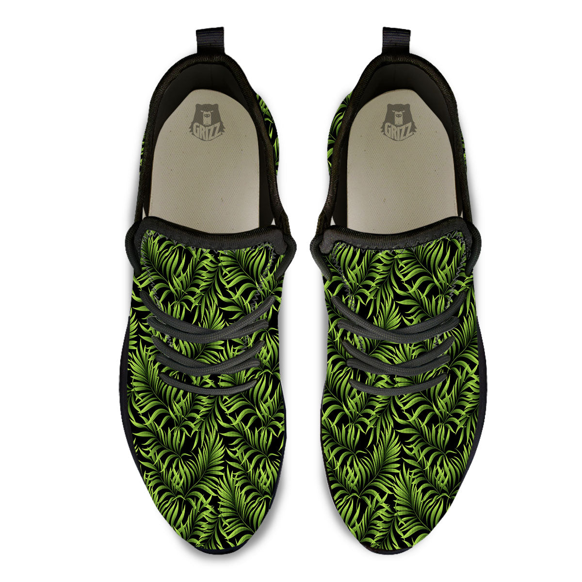 Palm Leaf Green Tropical Print Pattern Black Athletic Shoes-grizzshop